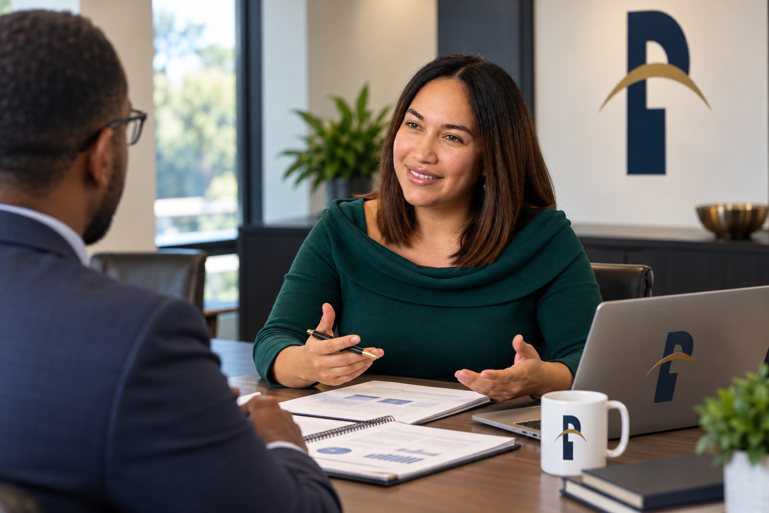 Andrea C. Rodriguez discussing financial reports with an advisory client